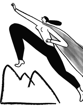 Woman with a cape stepping over a small mountain