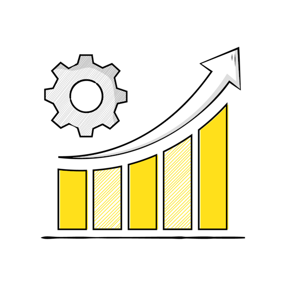 UTM parameters -  line drawing showing an ascending bar graph with a gear icon floating above