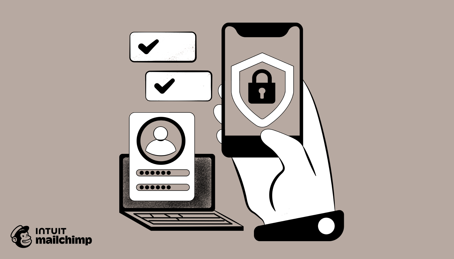 Illustration showing a laptop with login screen and a hand holding phone displaying security shield icon with lock symbol