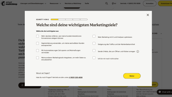 Screenshot der geführten Tarifauswahl von Mailchimp