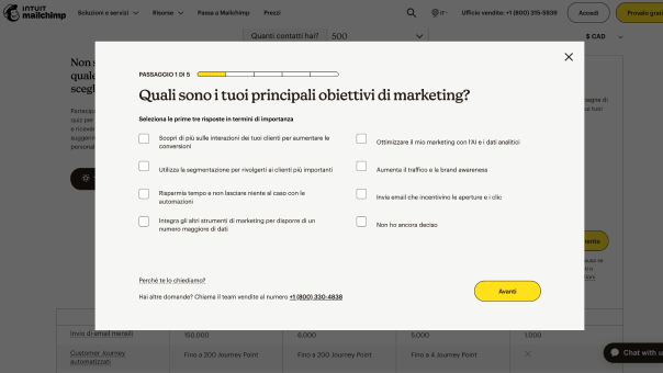 Screenshot del selettore guidato del piano di Mailchimp