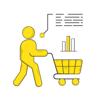 segment your campaigns - Yellow stick figure pushing shopping cart with speech bubble and bar graph
