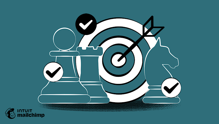 Abstract white circular checkmark icons stacked in a dynamic pattern against a teal background, with Intuit Mailchimp logo below