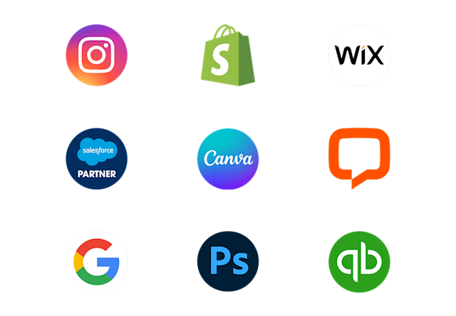 Grid of popular tech company logos including Instagram, Shopify, Wix, Salesforce Partner, Canva, Intercom, Google, Adobe Photoshop, and QuickBooks