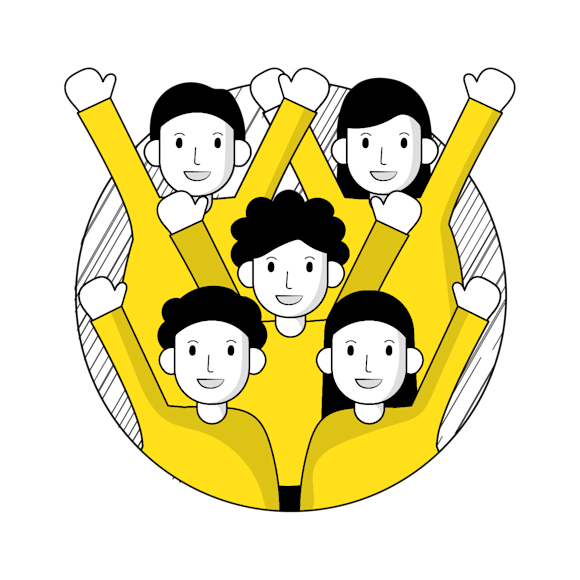 offline marketing - Cartoon illustration of five smiling faces arranged in a circular pattern 