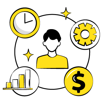 static and flexible budget - Simple line art icons in black and yellow showing time, money, and people symbols