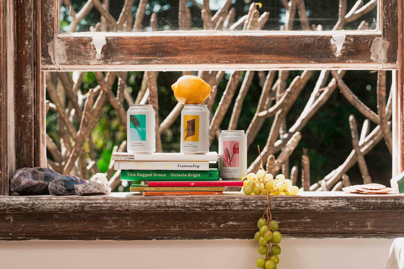 Rustic windowsill with stacked books, Something & Nothing beverage cans, crystals, fresh lemon and green grapes against a backdrop of bare tree branches