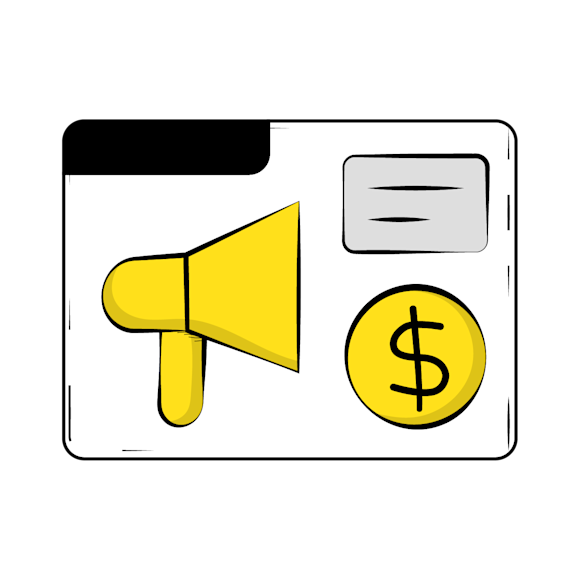 ad budget - Yellow megaphone icon next to a gold dollar sign coin symbol on a white background