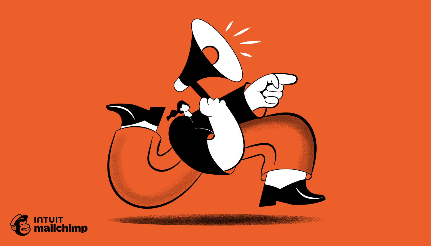Cartoon figure in black and white reclines on orange background while holding megaphone and pointing, Mailchimp logo below