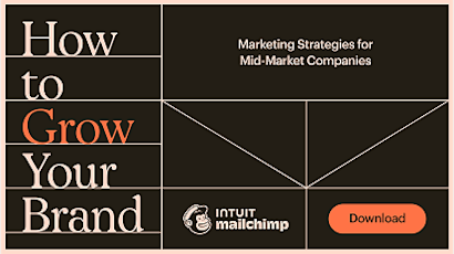 Marketing ebook cover design with "How to Grow Your Brand" title, Mailchimp logo, and download button on dark background