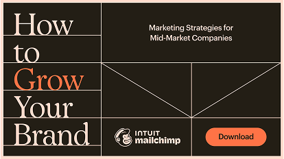 Marketing ebook cover design with "How to Grow Your Brand" title, Mailchimp logo, and download button on dark background