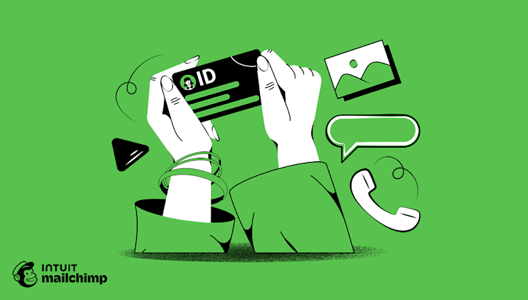 Black and white cartoon illustration of a credit card being swiped through a card reader against a bright green background, with Intuit and Mailchimp logos