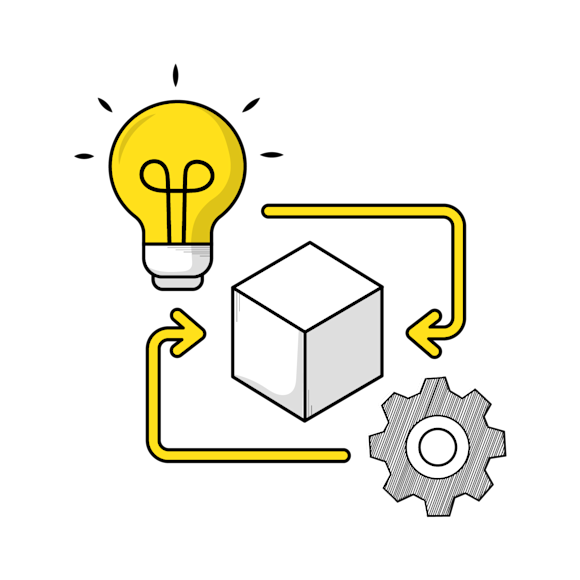 product strategy - Illustration of a glowing yellow lightbulb connected to a white cube shape, with a gear icon