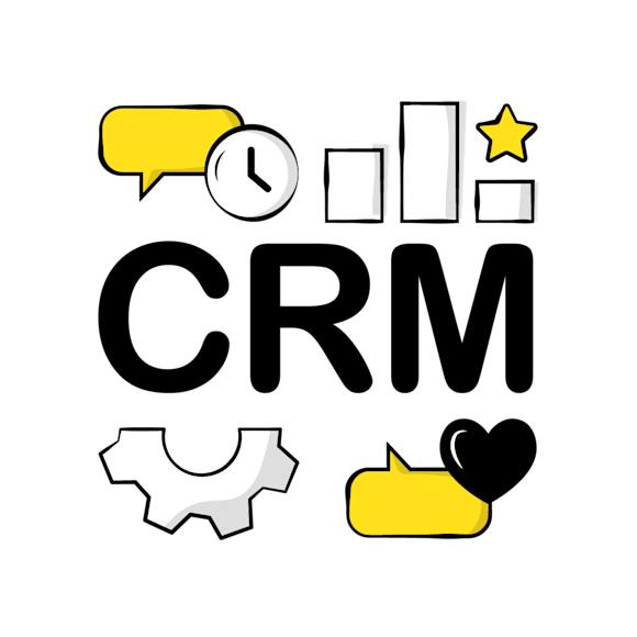 benefits of CRMs - Logo design with "CRM" text in black, featuring yellow speech bubble and star icons, gear symbol, and black heart accent