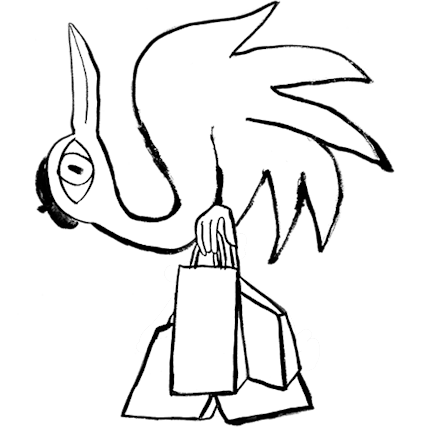 Illustration of a stork carrying shopping bags