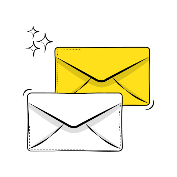 email cadence tips - Two stylized envelope icons, one yellow and one white, with sparkle effects, arranged in an overlapping composition