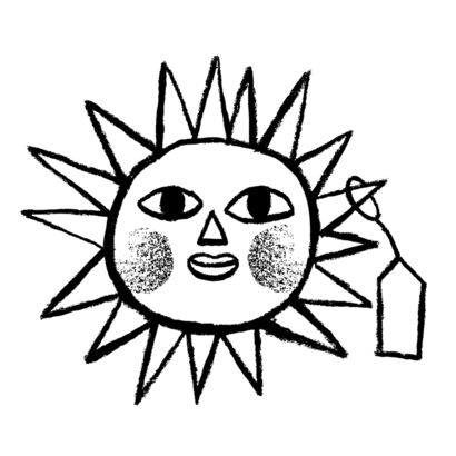 Illustration of tag on a sun with a face on it