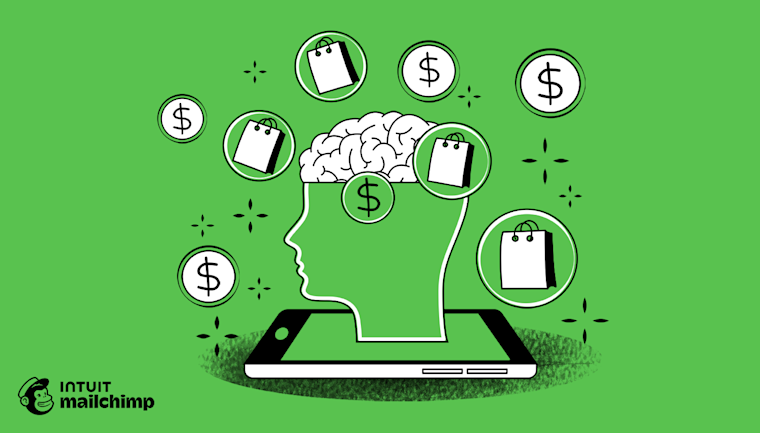 What Is Neuromarketing - Illustration of a profile head emerging from smartphone screen, surrounded by floating shopping bags and dollar signs on green background