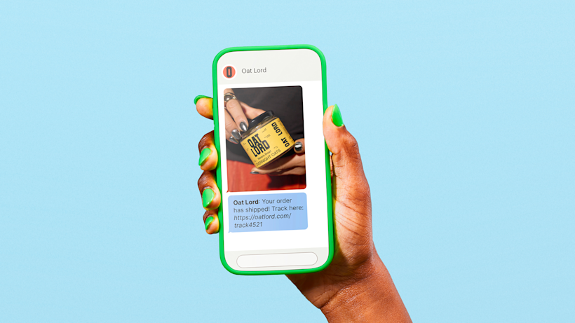 A mobile chat notification showing a yellow Oat Lord product card and shipping confirmation message with tracking link against a blue background