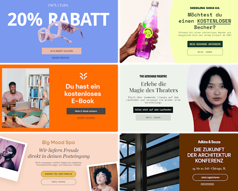 Sechs imaginäre Beispiele für Pop-up-Formulare, die mehrere Vorlagen, Fotos und Farbvorlagen für sechs fiktive Marken zeigen. Mit Pop-up-Formularen wird Werbung für Rabatte, kostenlose Geschenke, Mailinglisten und Veranstaltungen gemacht – mit dem Ziel, Besucher zu motivieren, sich in Registrierungsformulare einzutragen.