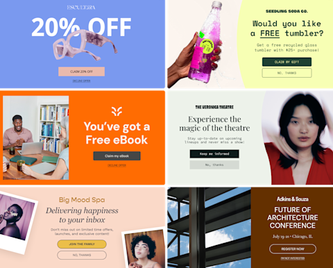 Six imagined examples of popup forms, depicting multiple templates, photography, and color templates for six fictitious brands. The popup forms promote discounts, free gifts, mailing lists, and event RSVPs to encourage signups.