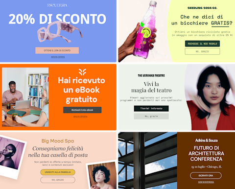 Sei esempi immaginari di moduli pop-up che mostrano più template, fotografie e schemi di colore per sei brand fittizi. I moduli pop-up promuovono sconti, omaggi, mailing list e RSVP per eventi per incoraggiare le iscrizioni.