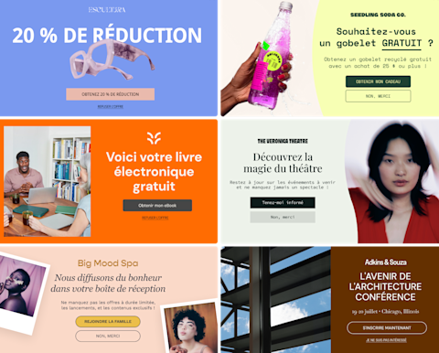 Six exemples de formulaires contextuels, illustrant divers modèles, photographies et palettes de couleurs pour six marques fictives. Les formulaires contextuels font la promotion de différents éléments pour encourager les inscriptions : réductions, cadeaux gratuits, listes de diffusion et confirmation de participation à des événements