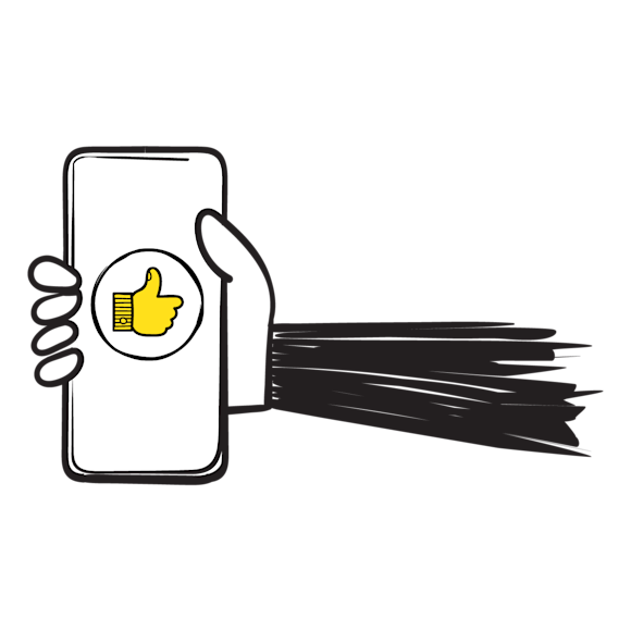 Hand holding mobile phone with thumbs up icon
