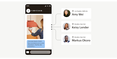Message SMS sur appareil mobile avec des lignes pointillées dirigées vers des profils clients à différents endroits