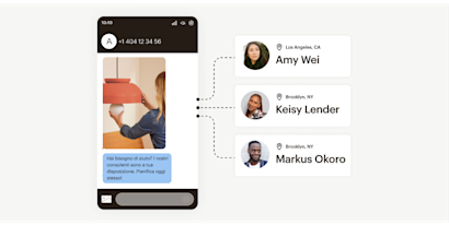 Messaggio SMS su dispositivo mobile con linee tratteggiate verso i profili di clienti di luoghi diversi