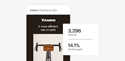 Cropped email on mobile device of a bicycle brand called Tandu. A white bubble is beside and slightly over top indicating the open and click-through rates