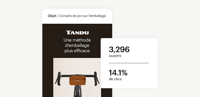 E-mail recadré sur un appareil mobile d'une marque de vélos appelée Tandu. Une bulle blanche à côté et légèrement au-dessus indique les taux d'ouverture et de clics
