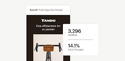Abgeschnittene E-Mail auf dem Mobilgerät einer Fahrradmarke namens Tandu. Daneben schräg oben befindet sich eine weiße Blase, die die Öffnungs- und Klickraten anzeigt