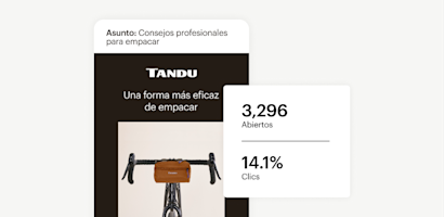 Correo electrónico recortado en dispositivo móvil de una marca de bicicletas llamada Tandu. Al lado y ligeramente por encima hay una burbuja blanca que indica los porcentajes de apertura y de clics