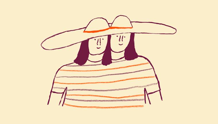 Simple line drawing of two figures sharing a wide-brimmed hat, wearing a striped shirt in orange and purple tones