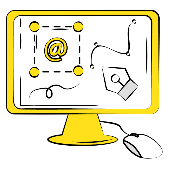 brand font - Computer monitor with yellow frame displaying email symbol, pen tool icon, and connected mouse, illustrating digital design interface