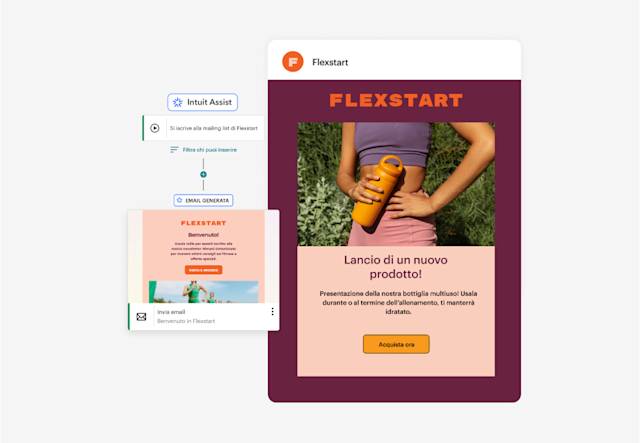 Esempio di strumenti Mailchimp per la creazione di contenuti per email con tecnologia AI, tra cui consigli sul testo e un'email completamente generata.
