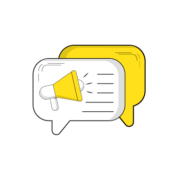 sms compliance -Two overlapping speech bubbles with a yellow megaphone icon, representing communication or announcements