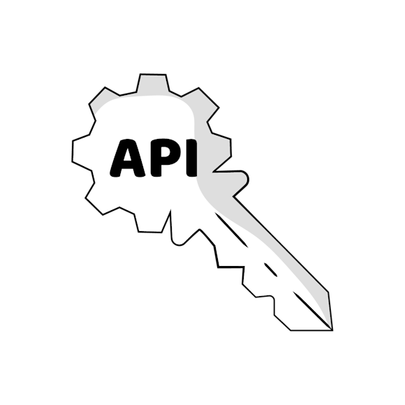 api keys - A simple black and white illustration showing the letters "API" inside a gear or cog shape with a diagonal arrow pointing downward