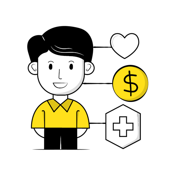 CRM features - Cartoon illustration of a smiling figure in a yellow shirt with medical cross and dollar coin symbols