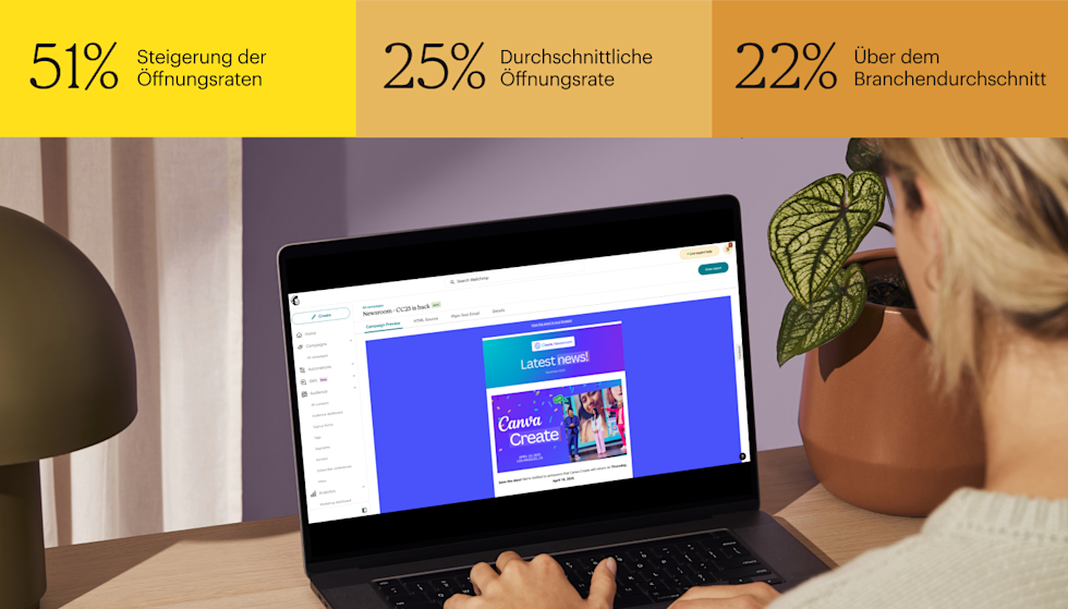 Eine Nahaufnahme von Händen, die auf einer Laptop-Tastatur tippen und mit Canva einen E-Mail-Newsletter gestalten.
