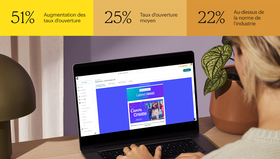 Vue en gros plans de mains tapant sur un clavier d’ordinateur portable, en train de concevoir une lettre d’information par e-mail à l’aide de Canva.