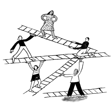 Illustration of people walking, holding, and climbing on ladders