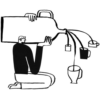 A person pours quite a lot of coffee from a very large jug. 6 different cups are set out to receive the coffee.