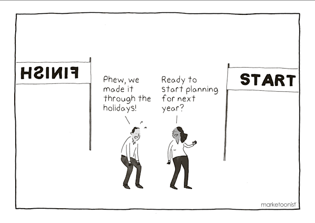 Two marketers at the end of the holiday season race, getting ready to start all over again, in a cartoon by Tom Fishburne (Marketoonist).