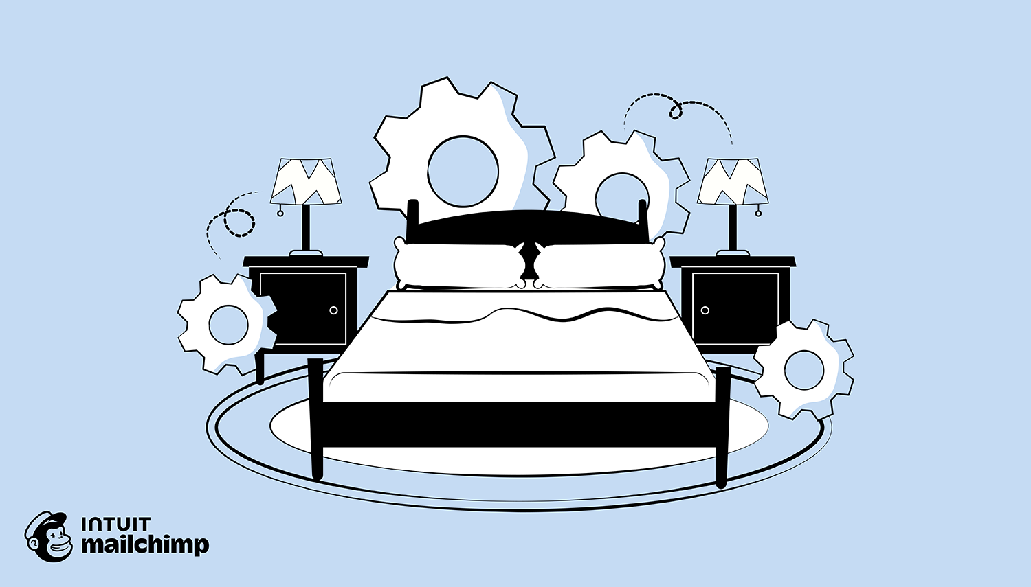 Silhouette of a hotel bed with table lamps against light blue background with gear icons, showing Intuit and Mailchimp logos below