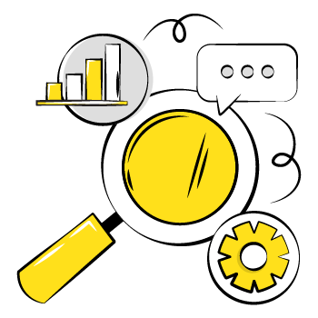 business proposal tips - line drawing of a magnifying glass with a chat bubble, gear icon, and a bar graph