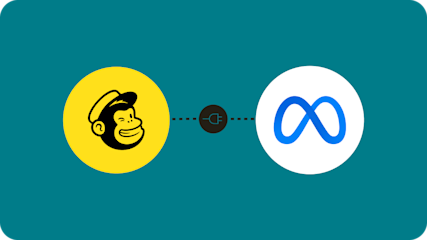 Mailchimp and Meta logos, linked by an abstract illustration of an electrical plug to show the two brands integrating with one another.