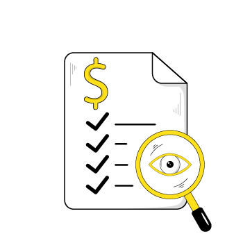website audit - A line drawing of a document with a dollar sign, checklist, and magnifying glass with an eye icon examining the details