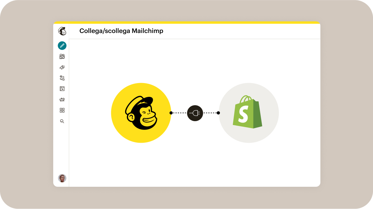 Dashboard di integrazione di Intuit Mailchimp in cui gli operatori di marketing possono collegare o disconnettere Mailchimp da Shopify.